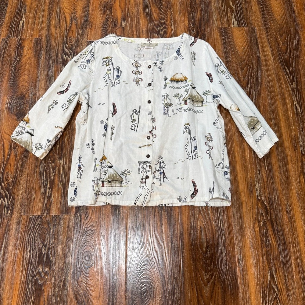 Orchadia Casuals Womens XL White Linen Global Print Button Front 3/4 Sleeve Top